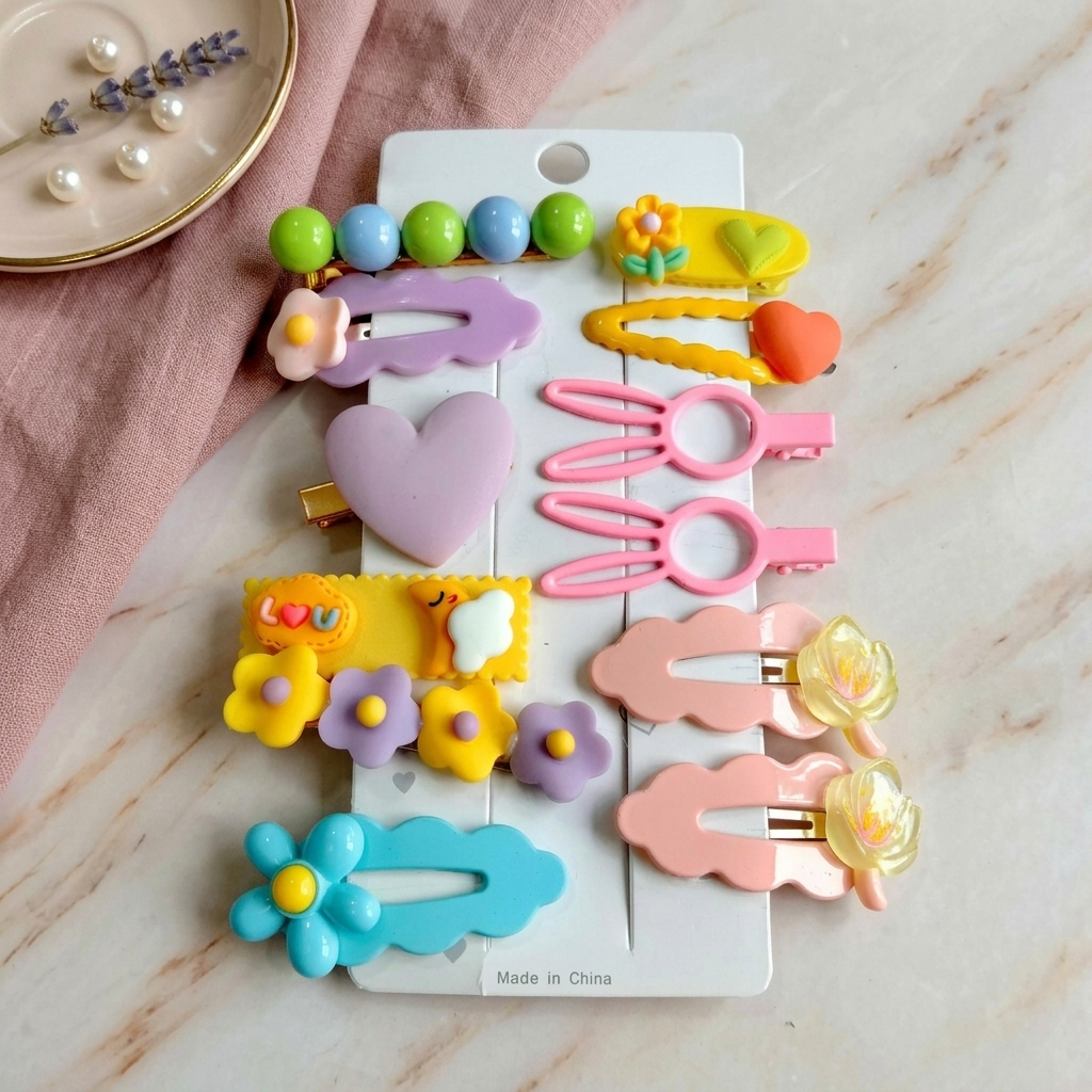 12 PCS Girls Pastel Hair Clip Set | Flower, Heart, Bunny, Beaded Accessories Bundle