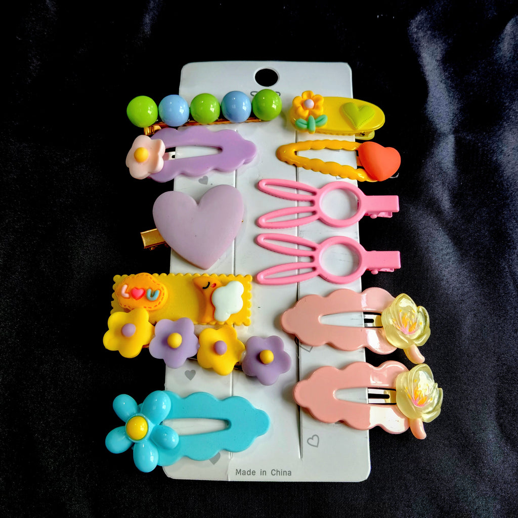 12 PCS Girls Pastel Hair Clip Set | Flower, Heart, Bunny, Beaded Accessories Bundle