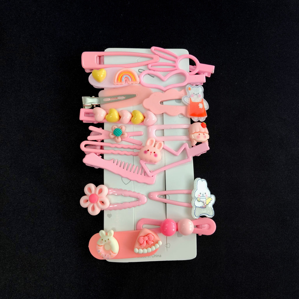 16 PCS Cute Pink Kids Hair Clips Set – Bunny, Bear, Rainbow & Flower Designs