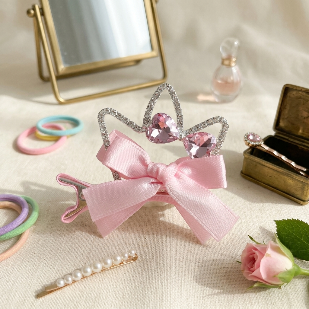 Pink Cat Ear Crown Hair Clip – Rhinestone Bow Barrette, Kawaii Princess Accessory