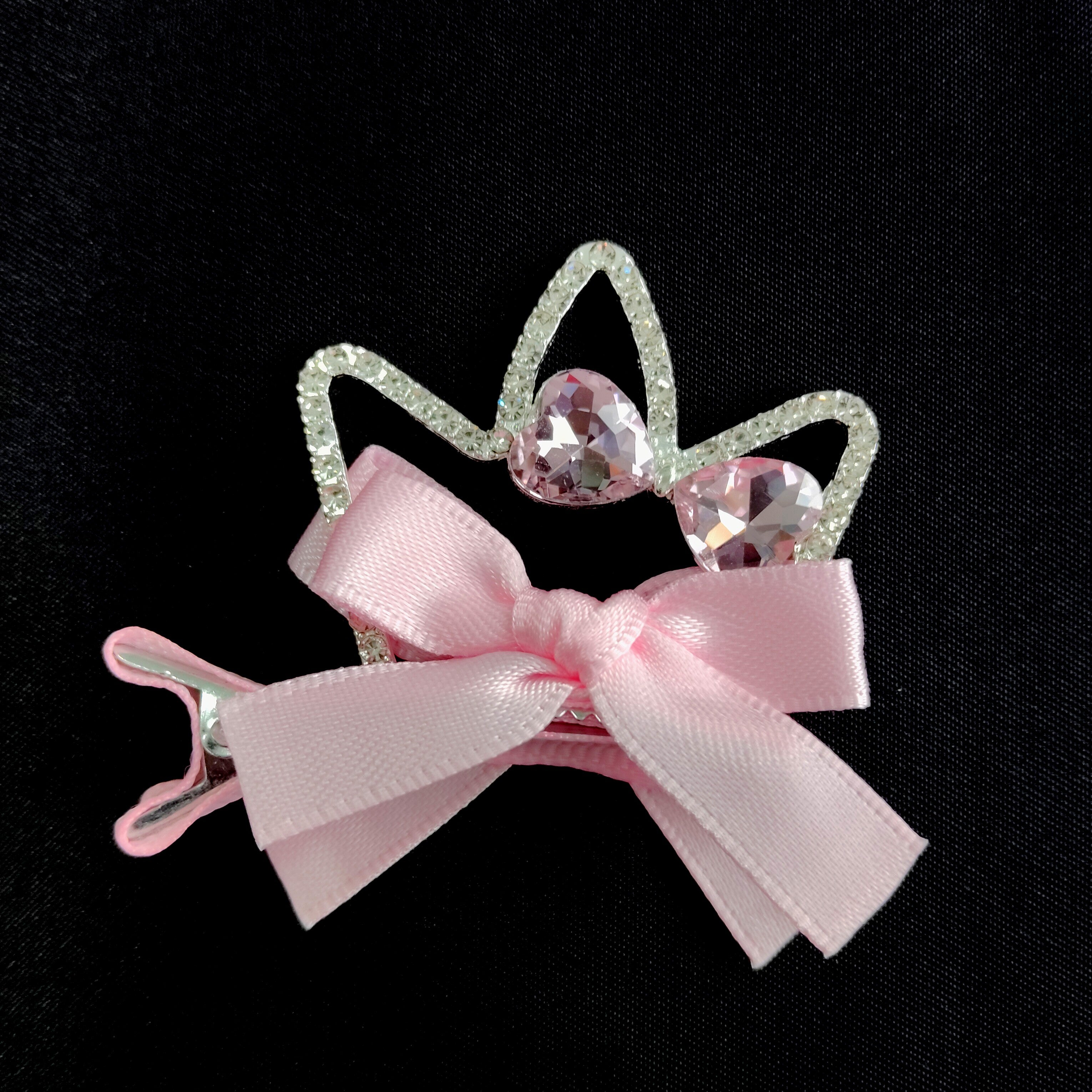 Pink Cat Ear Crown Hair Clip – Rhinestone Bow Barrette, Kawaii Princess Accessory