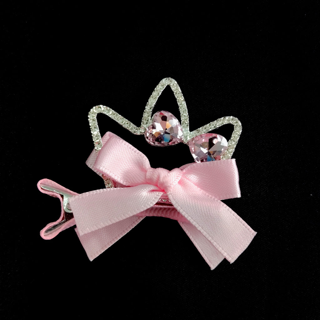 Pink Cat Ear Crown Hair Clip – Rhinestone Bow Barrette, Kawaii Princess Accessory