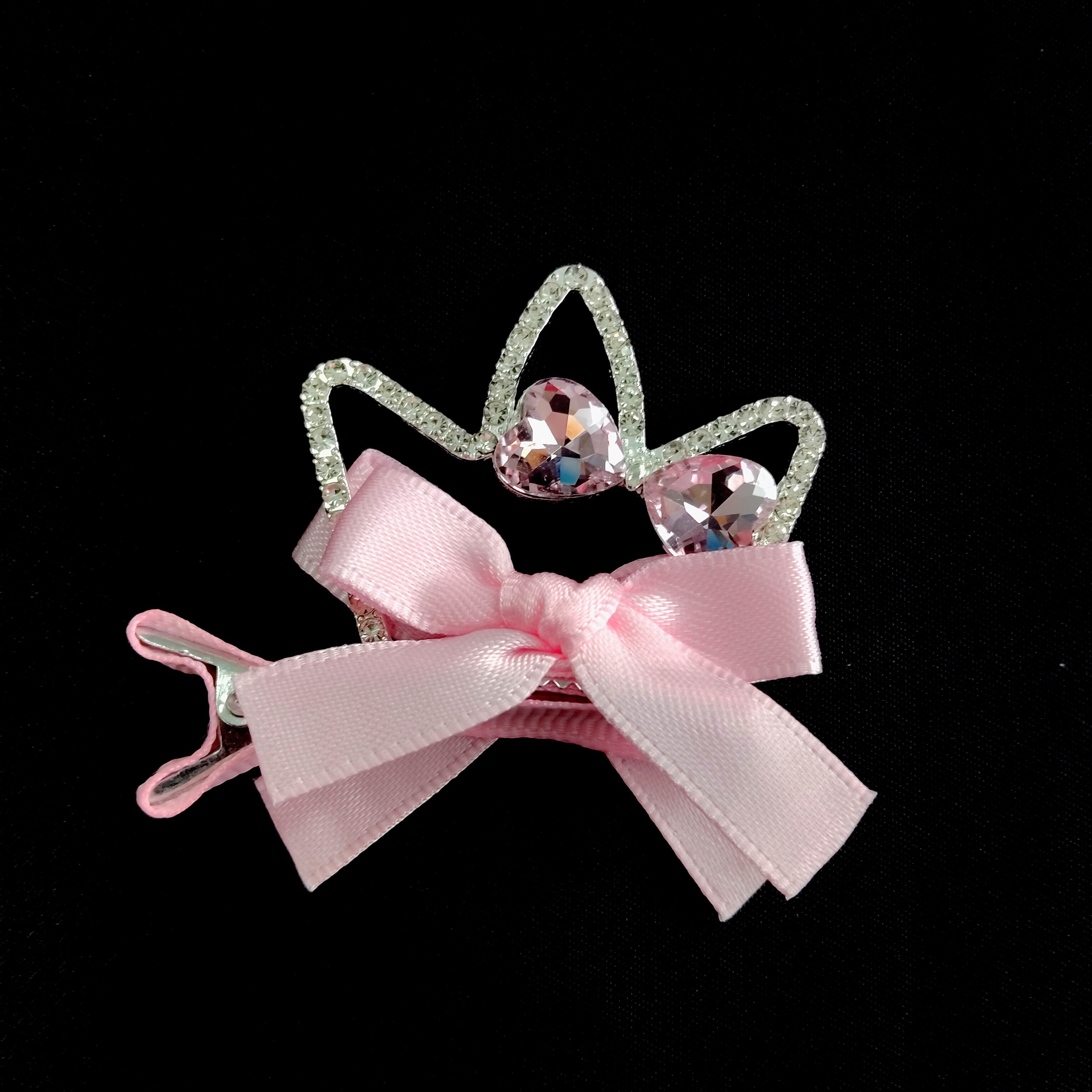 Pink Cat Ear Crown Hair Clip – Rhinestone Bow Barrette, Kawaii Princess Accessory