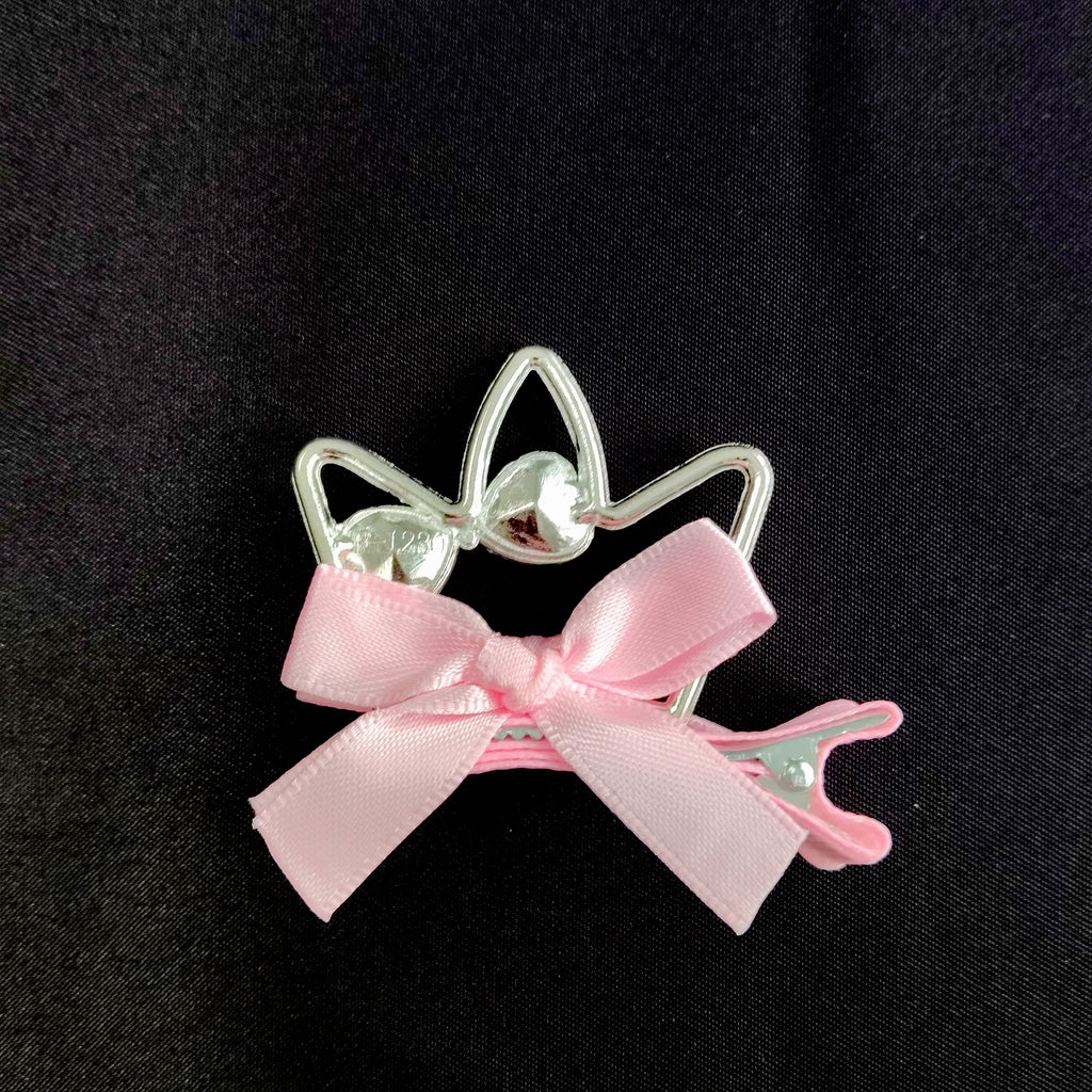 Pink Cat Ear Crown Hair Clip – Rhinestone Bow Barrette, Kawaii Princess Accessory