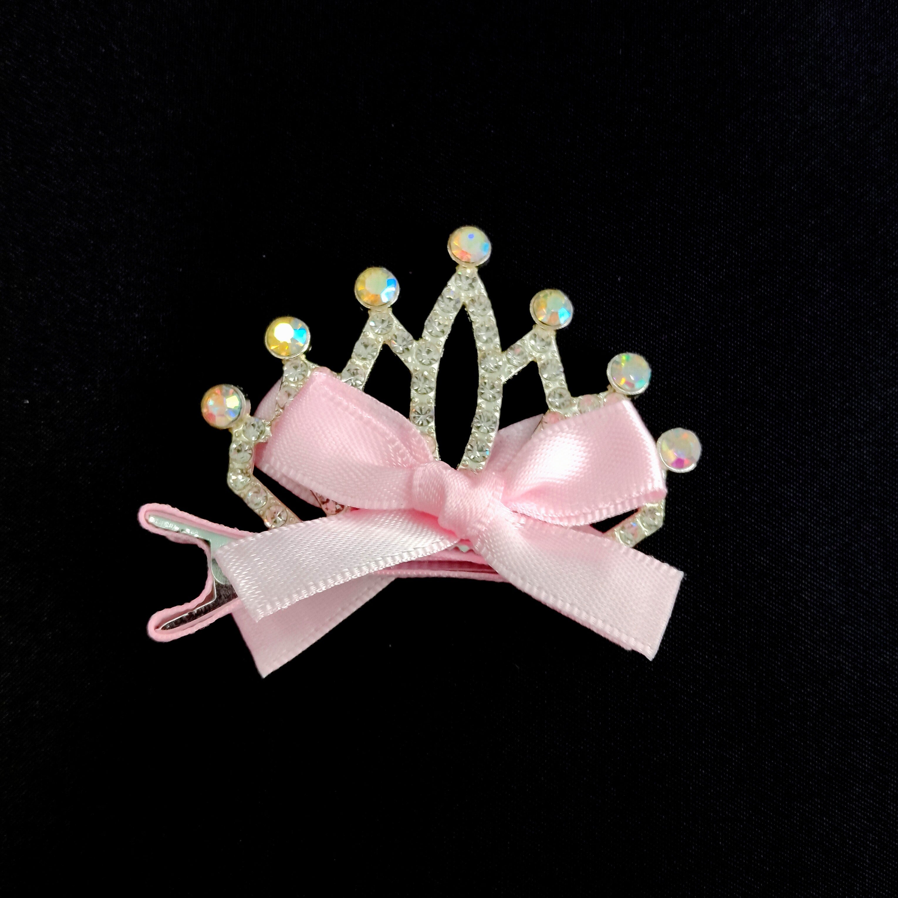 Princess Crown Hair Clip with Pink Bow – Rhinestone Tiara Barrette for Girls