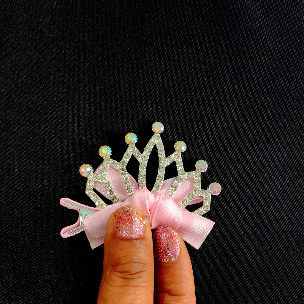 Princess Crown Hair Clip with Pink Bow – Rhinestone Tiara Barrette for Girls