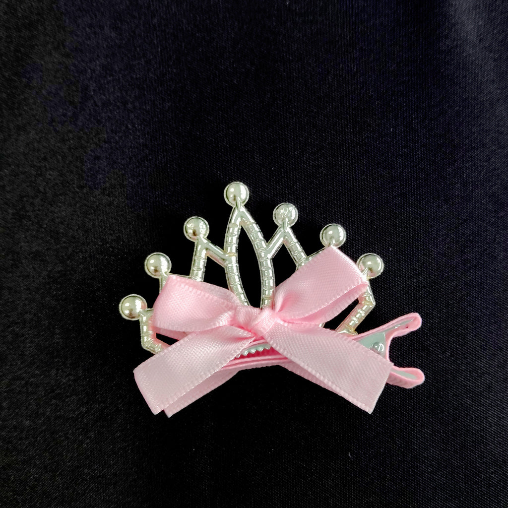 Princess Crown Hair Clip with Pink Bow – Rhinestone Tiara Barrette for Girls