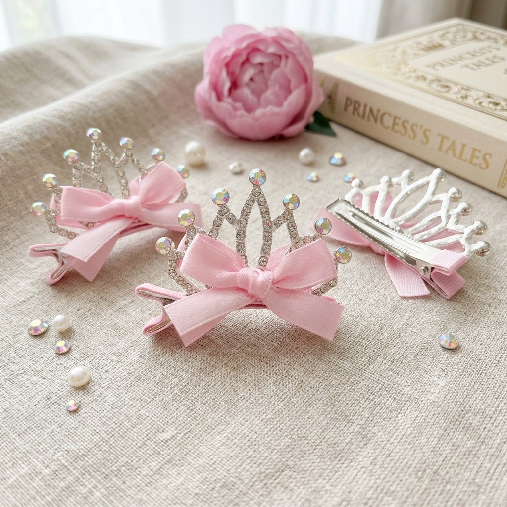 Princess Crown Hair Clip with Pink Bow – Rhinestone Tiara Barrette for Girls