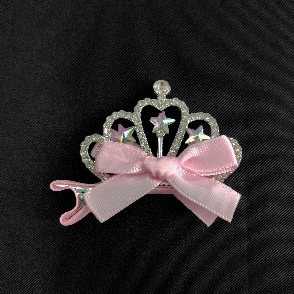 Sparkly Pink Tiara Hair Clip – Cute Princess Bow Barrette with Rhinestones & Stars
