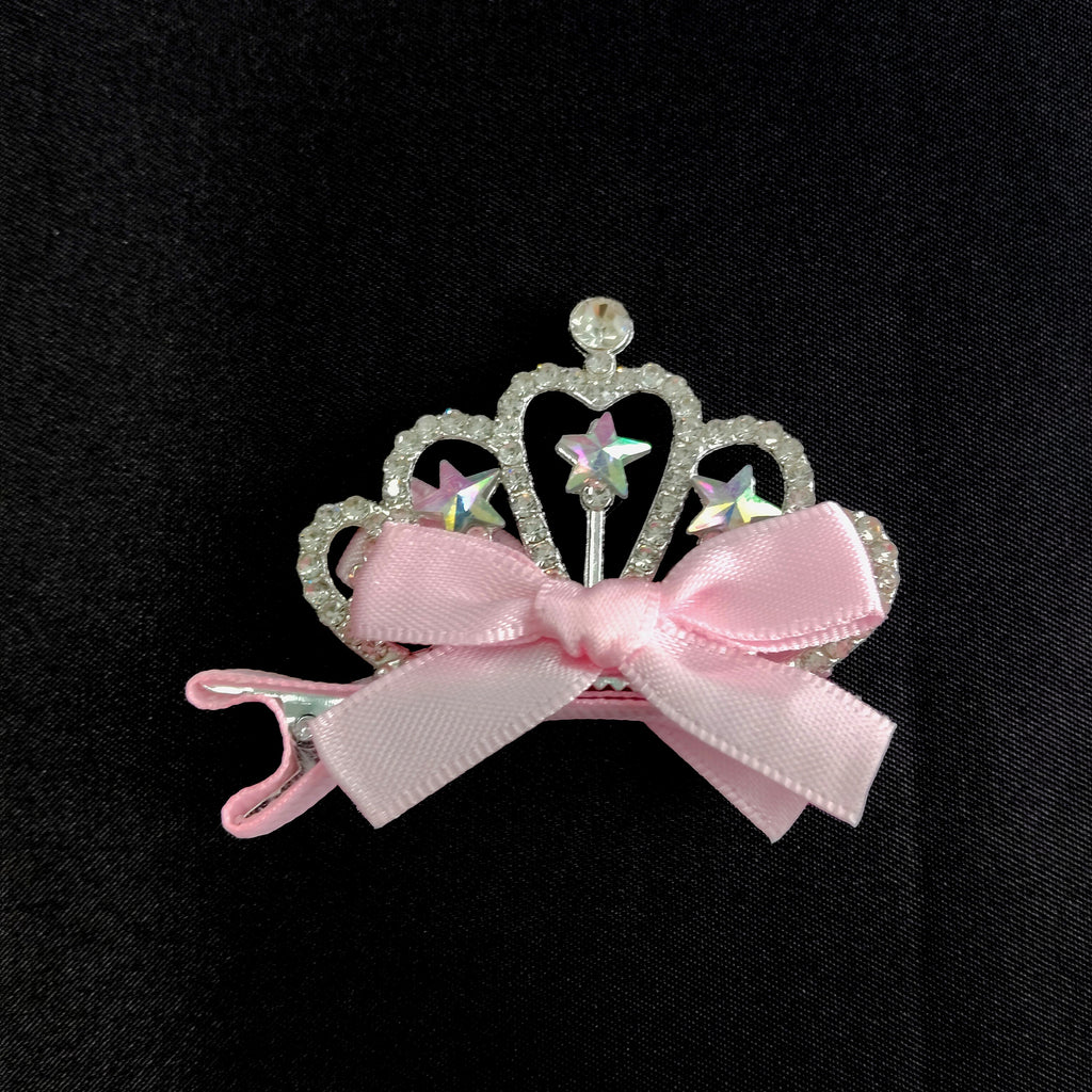 Sparkly Pink Tiara Hair Clip – Cute Princess Bow Barrette with Rhinestones & Stars