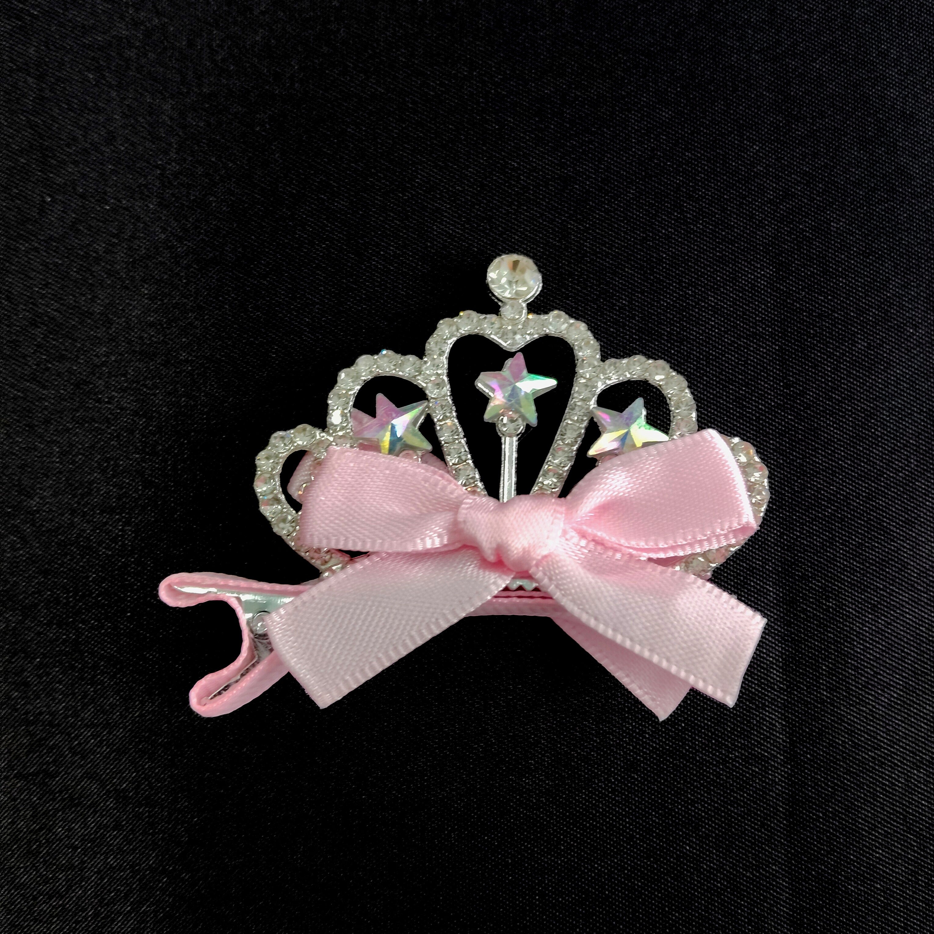 Sparkly Pink Tiara Hair Clip – Cute Princess Bow Barrette with Rhinestones & Stars