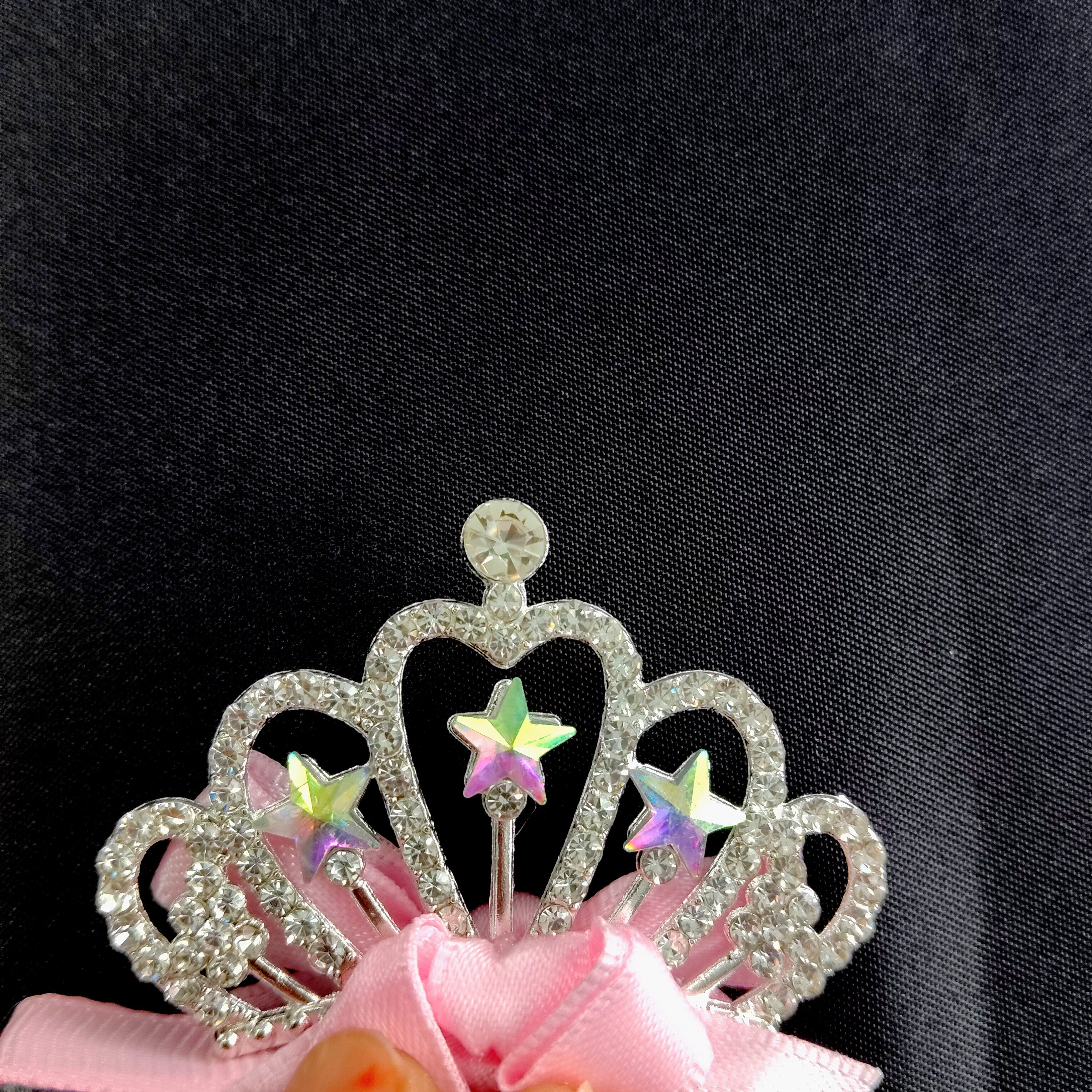 Sparkly Pink Tiara Hair Clip – Cute Princess Bow Barrette with Rhinestones & Stars