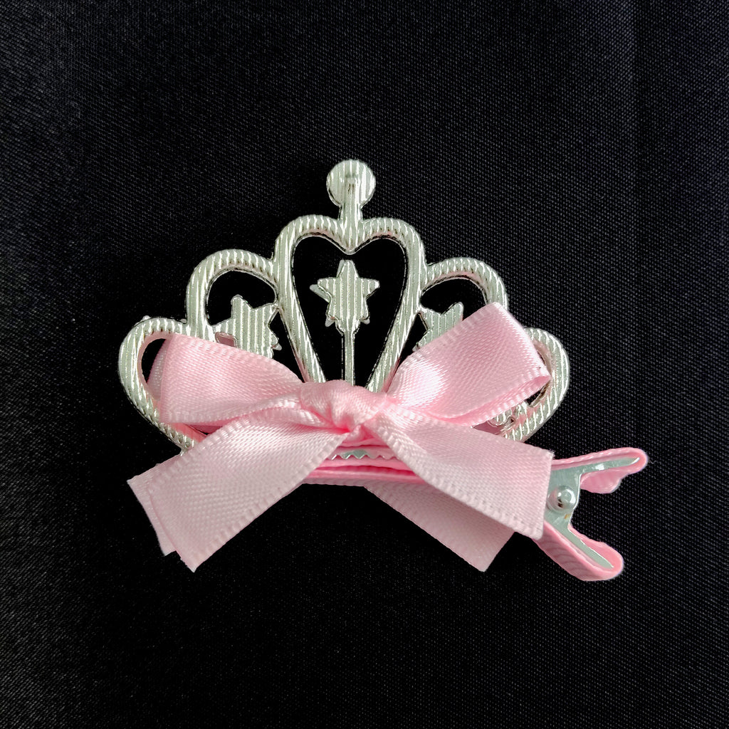 Sparkly Pink Tiara Hair Clip – Cute Princess Bow Barrette with Rhinestones & Stars