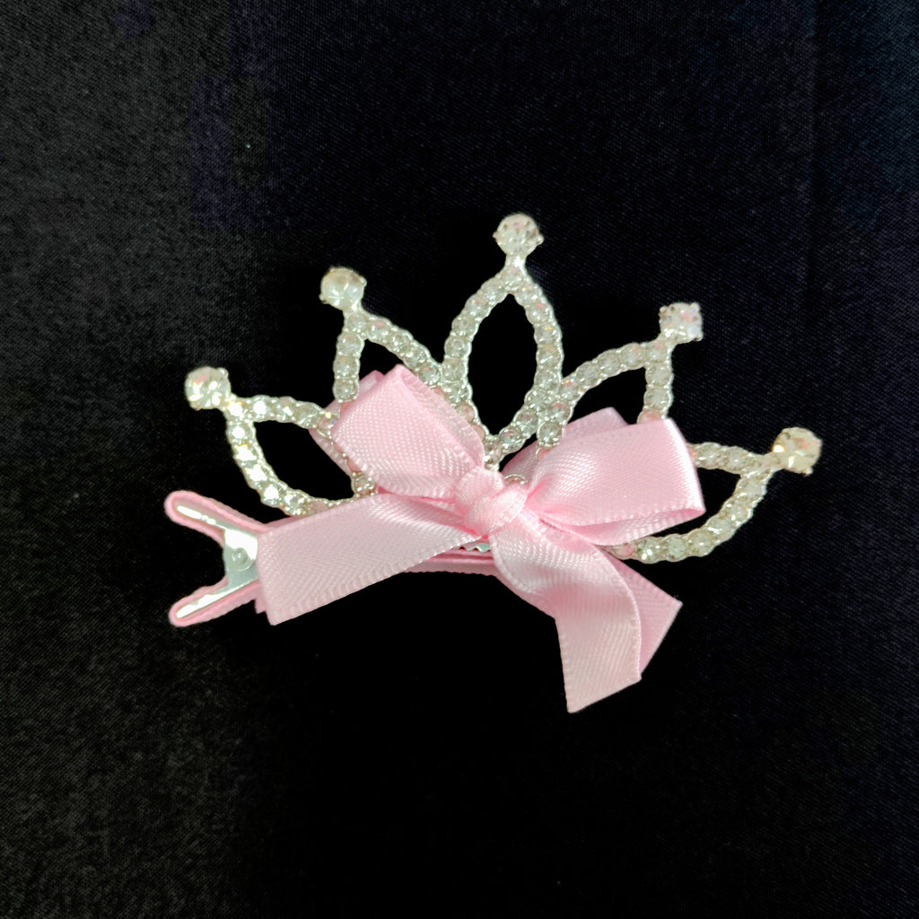 Pink Tiara Hair Clip – Rhinestone Crown Bow Barrette for Girls