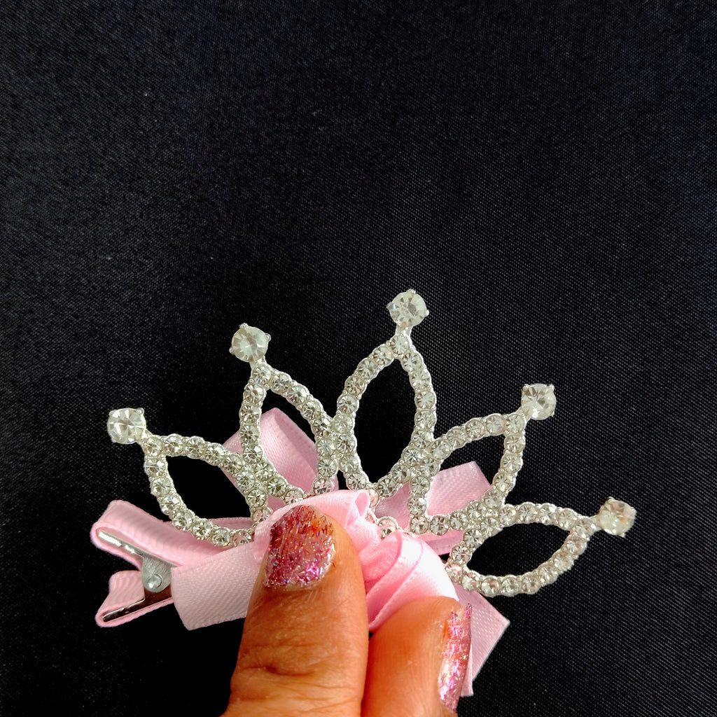 Pink Tiara Hair Clip – Rhinestone Crown Bow Barrette for Girls