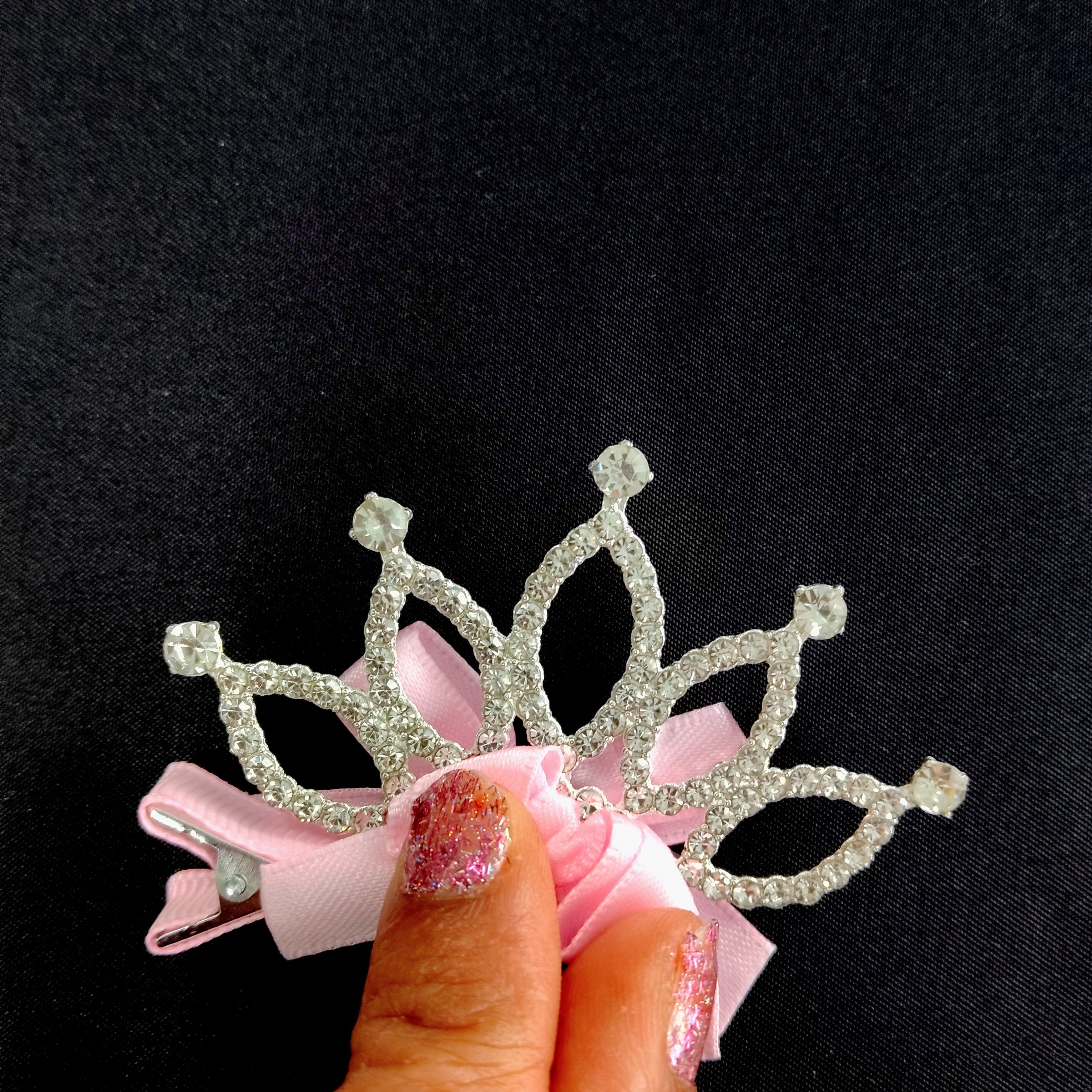 Pink Tiara Hair Clip – Rhinestone Crown Bow Barrette for Girls