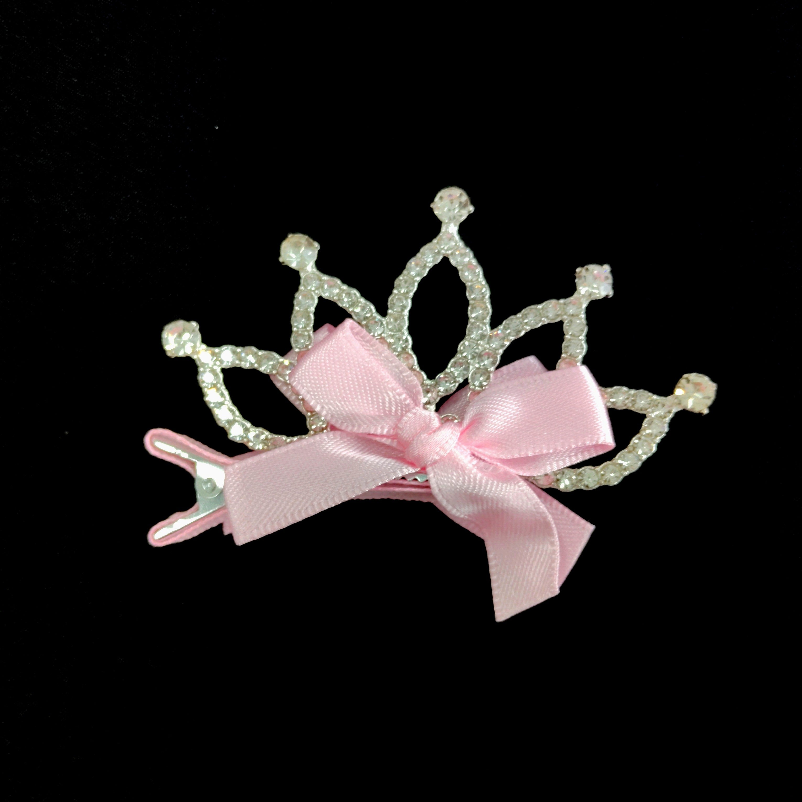 Pink Tiara Hair Clip – Rhinestone Crown Bow Barrette for Girls