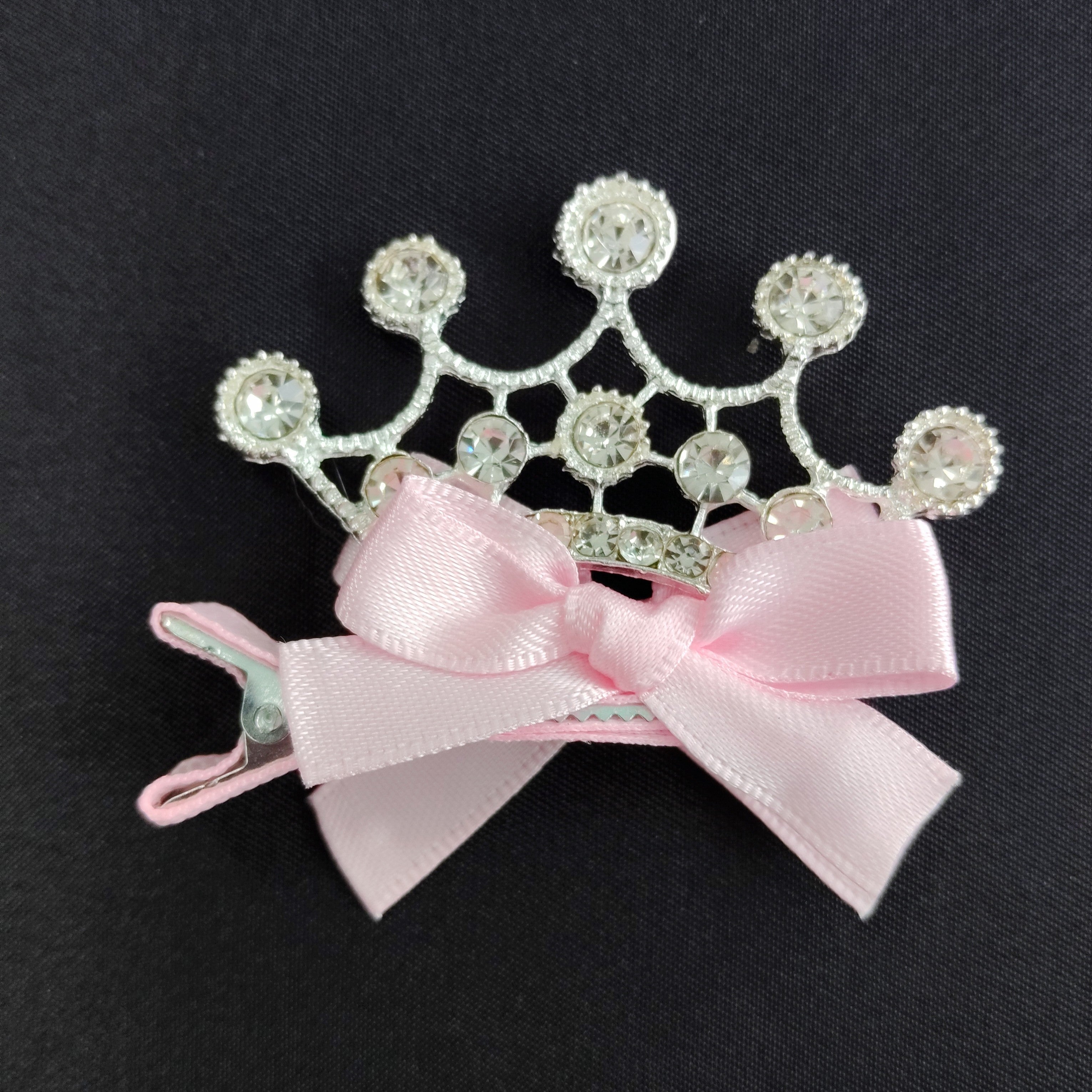 Pink Crown Hair Clip with Rhinestones and Bow – Princess Accessory