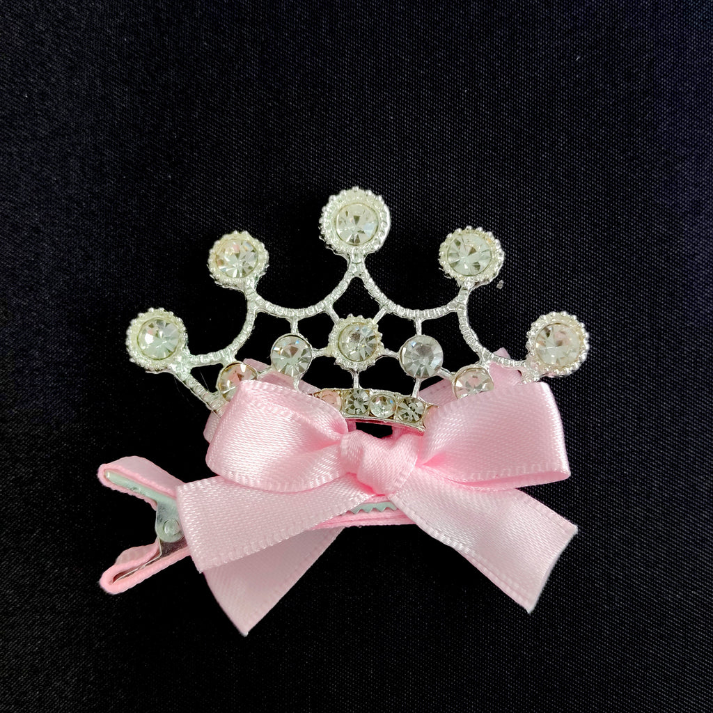 Pink Crown Hair Clip with Rhinestones and Bow – Princess Accessory