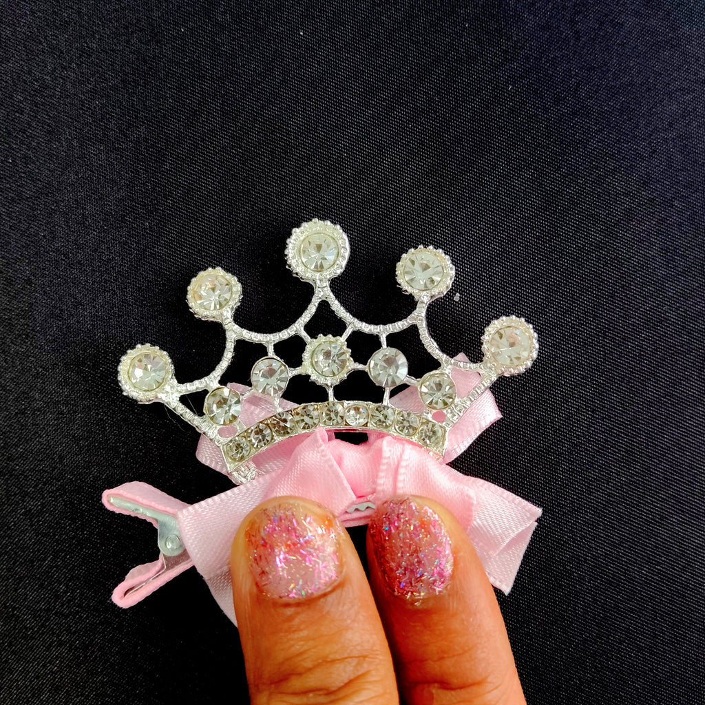 Pink Crown Hair Clip with Rhinestones and Bow – Princess Accessory