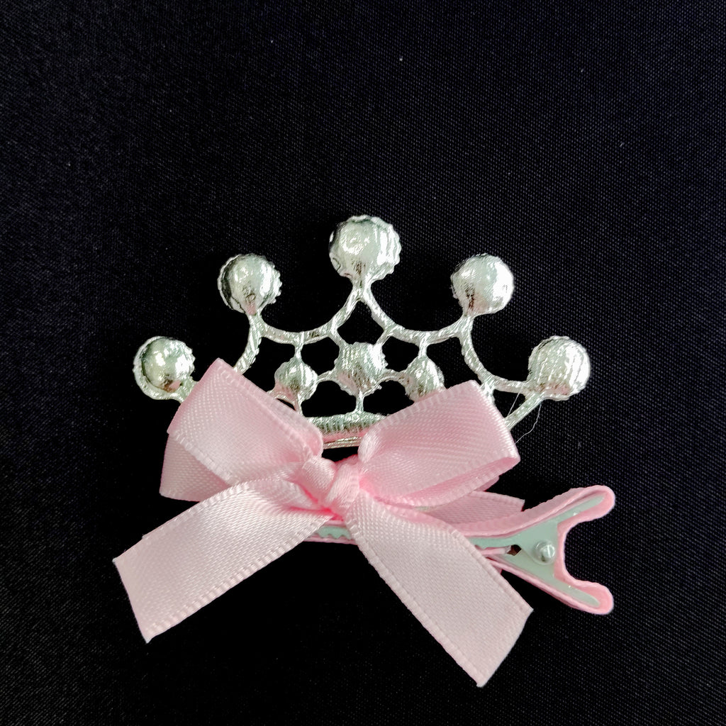 Pink Crown Hair Clip with Rhinestones and Bow – Princess Accessory