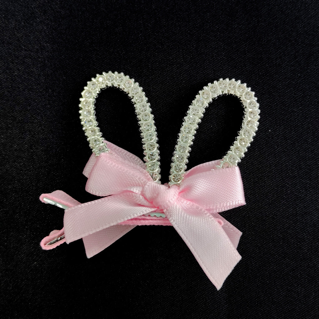 Rhinestone Bunny Ear Hair Clip Pink Bow Sparkly Rabbit Accessory for Girls Easter Party