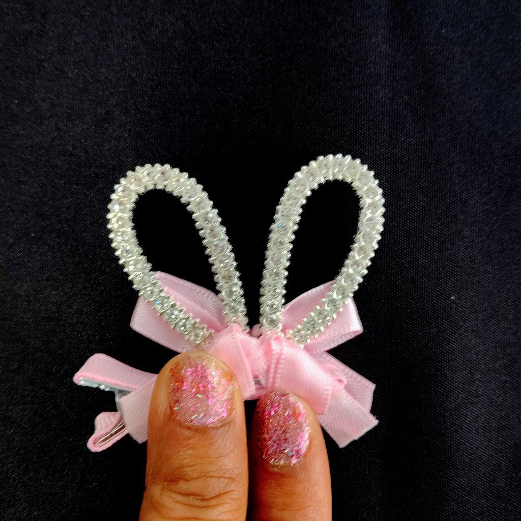 Rhinestone Bunny Ear Hair Clip Pink Bow Sparkly Rabbit Accessory for Girls Easter Party