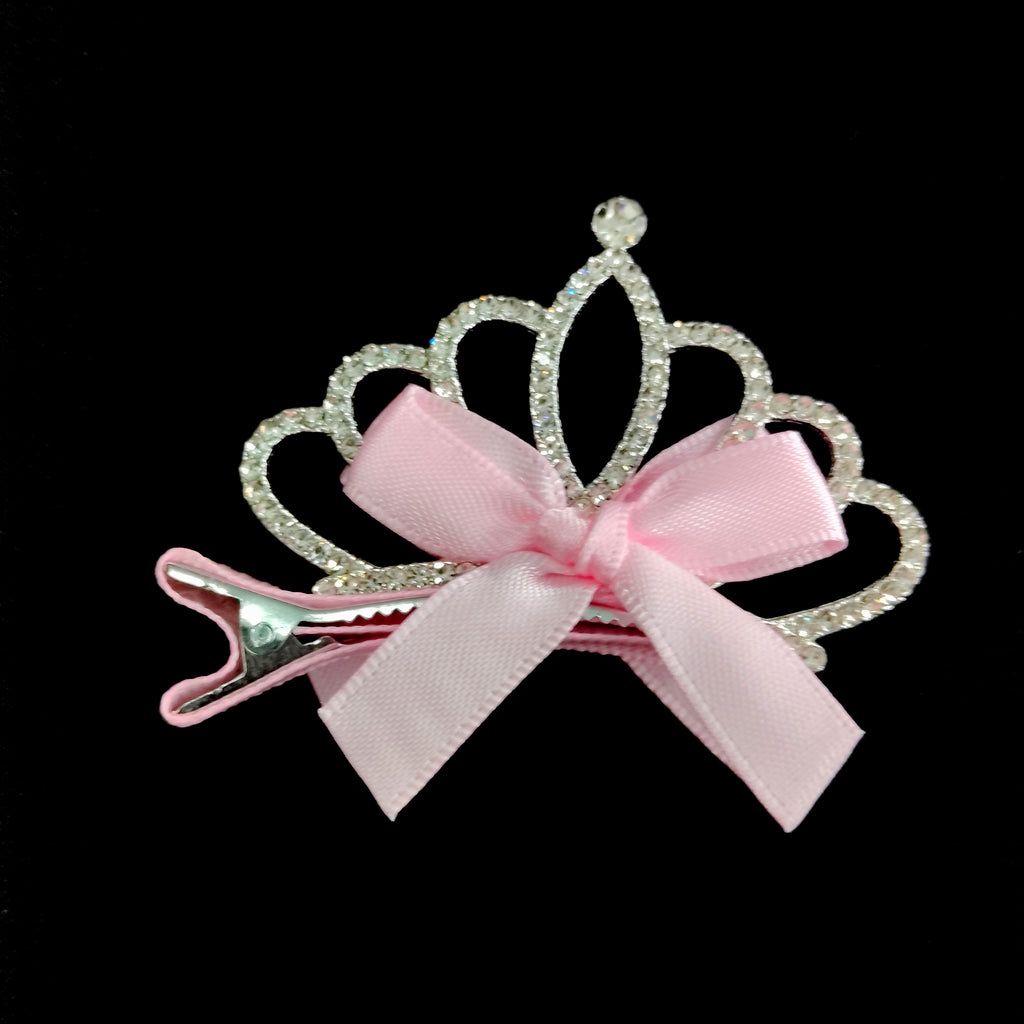 Pink Princess Crown Hair Clip – Rhinestone Tiara Bow Barrette, Satin Accessory