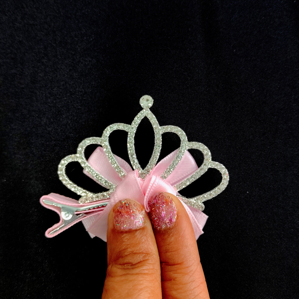 Pink Princess Crown Hair Clip – Rhinestone Tiara Bow Barrette, Satin Accessory
