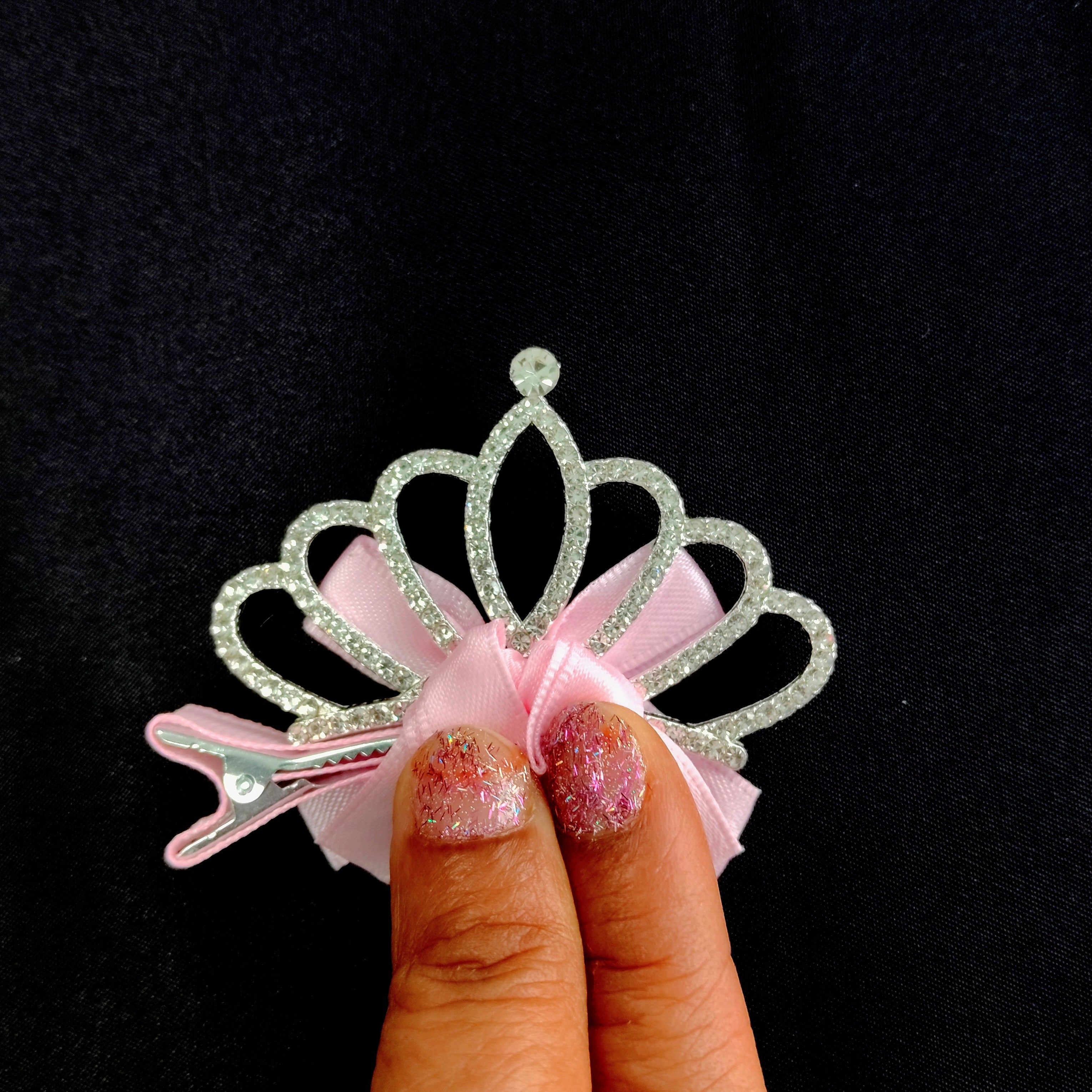 Pink Princess Crown Hair Clip – Rhinestone Tiara Bow Barrette, Satin Accessory