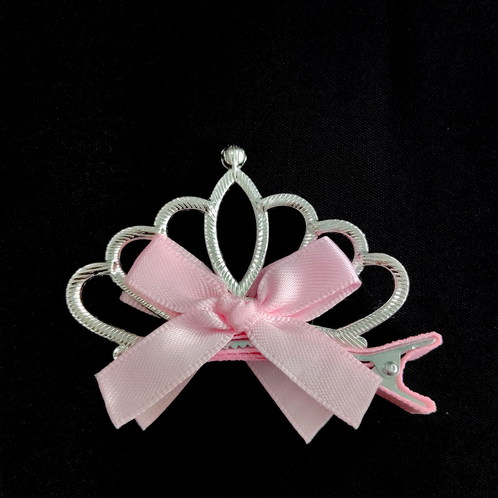 Pink Princess Crown Hair Clip – Rhinestone Tiara Bow Barrette, Satin Accessory