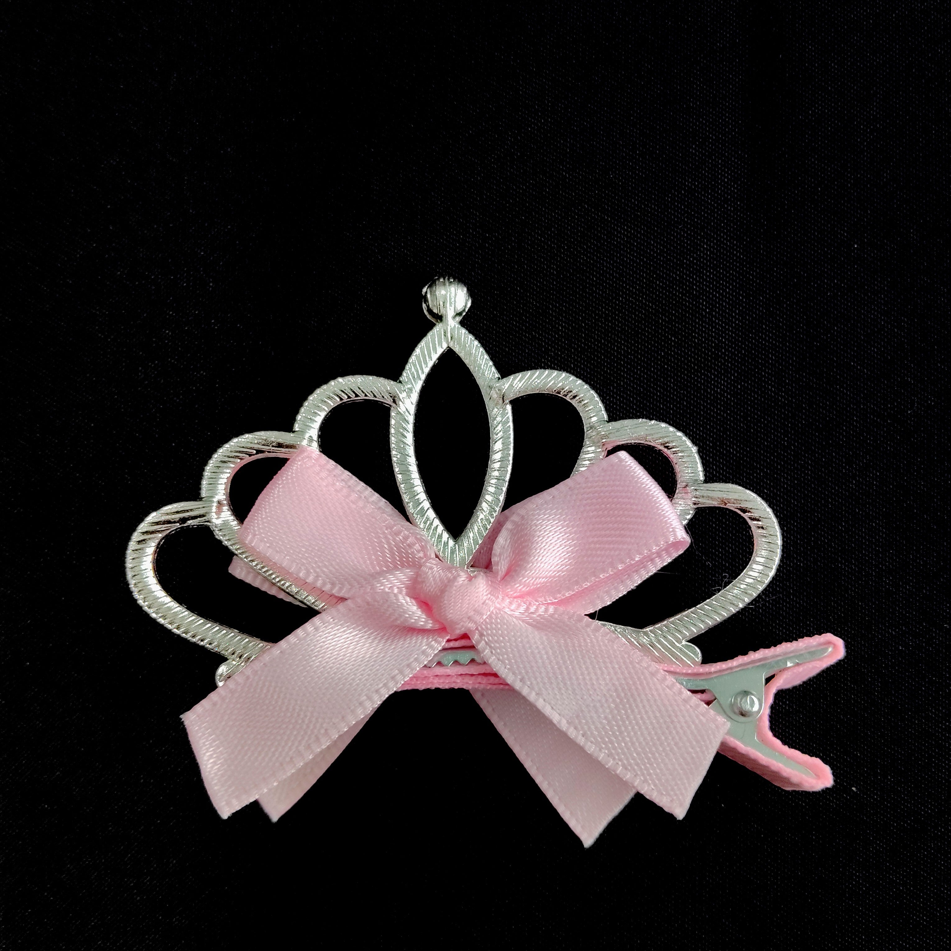 Pink Princess Crown Hair Clip – Rhinestone Tiara Bow Barrette, Satin Accessory