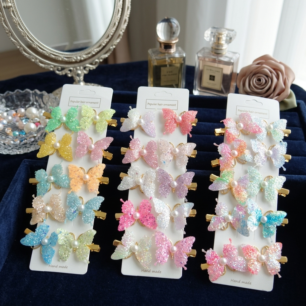 Glitter Butterfly Hair Clips with Pearl | Pastel Sparkly Girls Hair Accessories