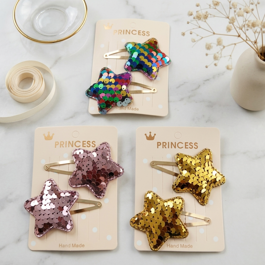 Sparkly Sequin Star Hair Clips for Girls – Handmade Princess Hair Accessories