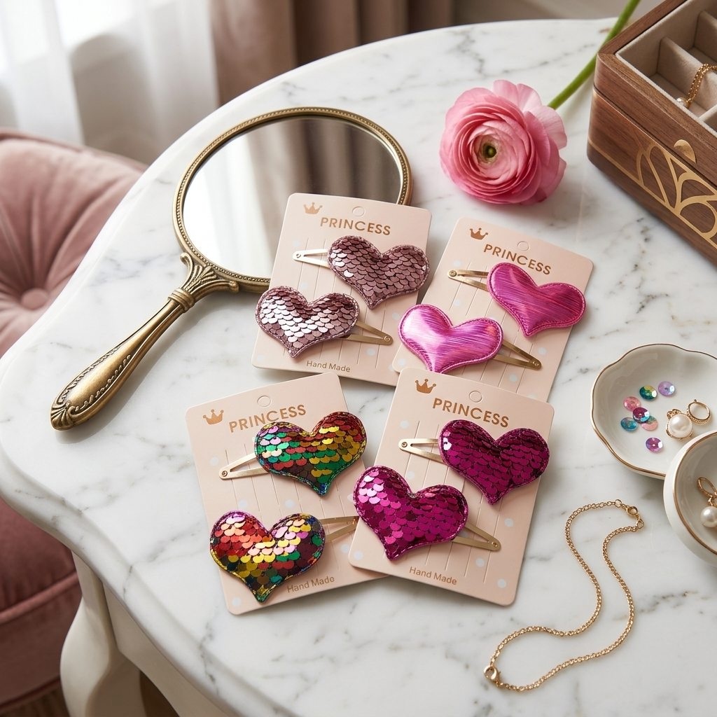 Pink Sequin Heart Hair Clips – Sparkly Princess Snap Accessories for Girls
