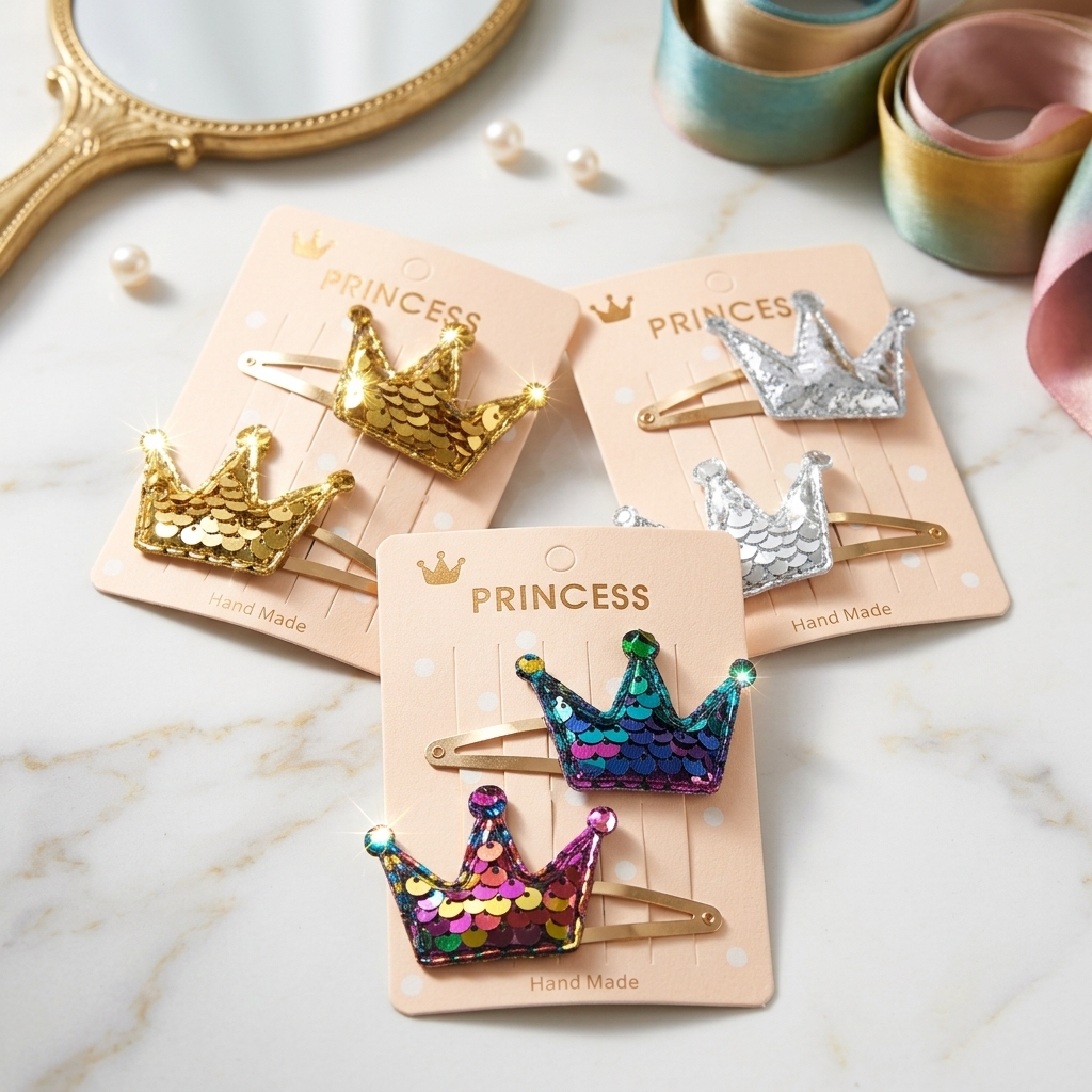 Sequin Crown Hair Clips – Gold, Silver, Rainbow Glitter Princess Snap Accessories