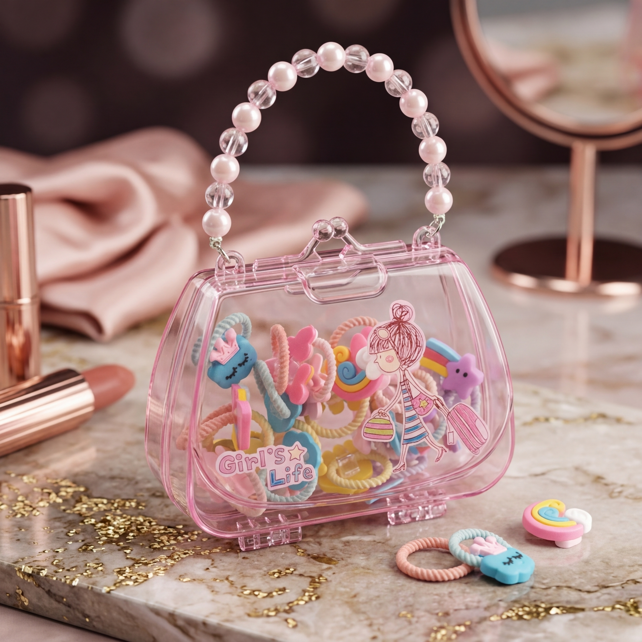 Kids Hair Accessories Set Transparent Handbag – Colorful Ties Kit Girls, Portable Mini Purse Organizer