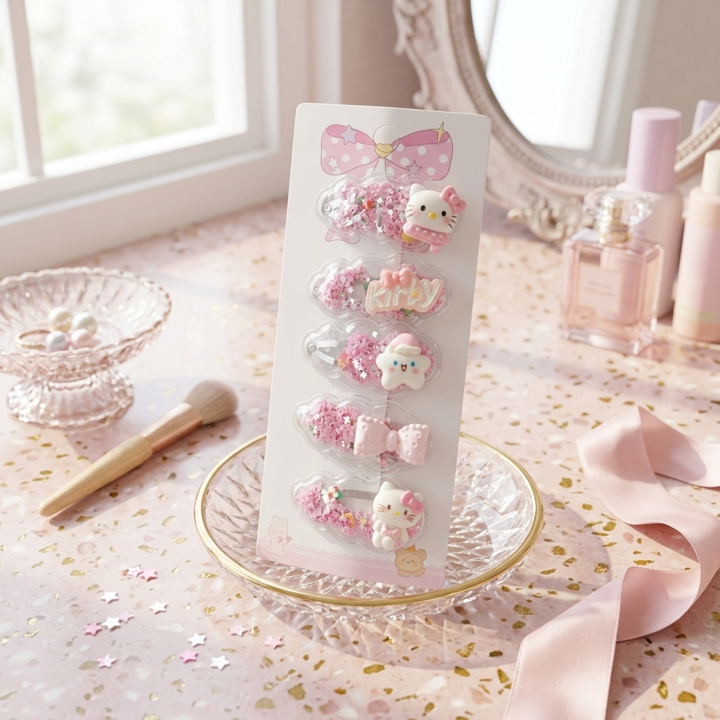 Pink Glitter Kitty Hair Clips Set – Kawaii Star Cartoon Hair Accessories for Kids