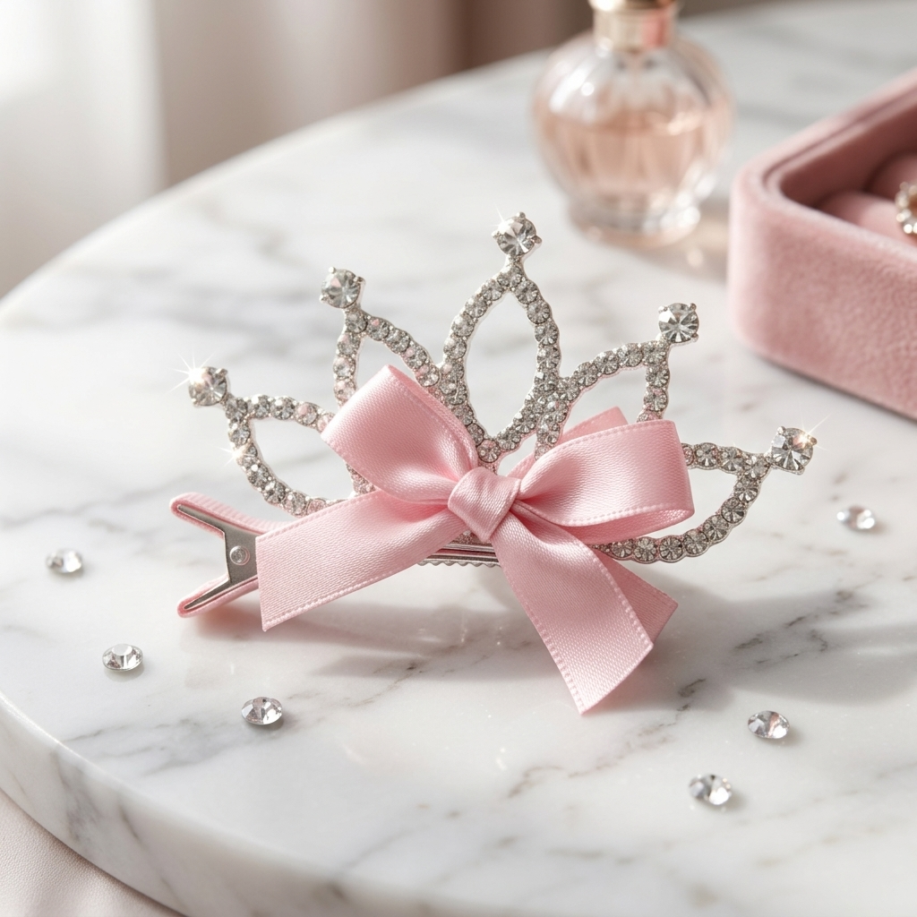 Pink Tiara Hair Clip – Rhinestone Crown Bow Barrette for Girls