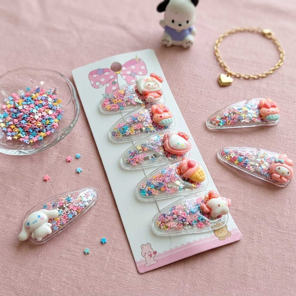 Kawaii Glitter Hair Clips – Pastel Star Shaker Snap Clips for Girls