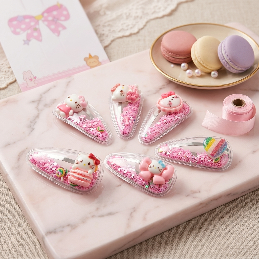 Kawaii Pink Shaker Hair Clips – Kitty, Candy, Glitter Snap Barrette Set
