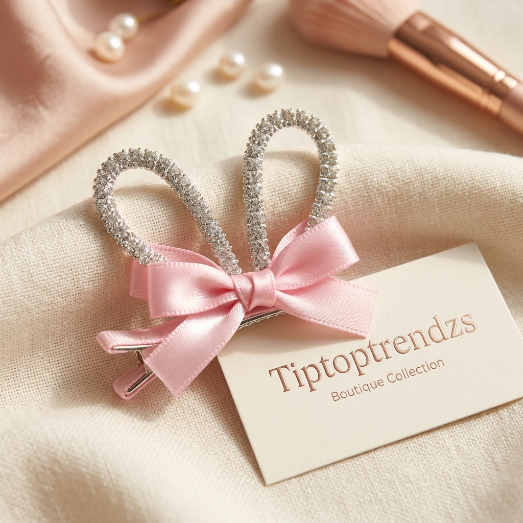 Rhinestone Bunny Ear Hair Clip Pink Bow Sparkly Rabbit Accessory for Girls Easter Party