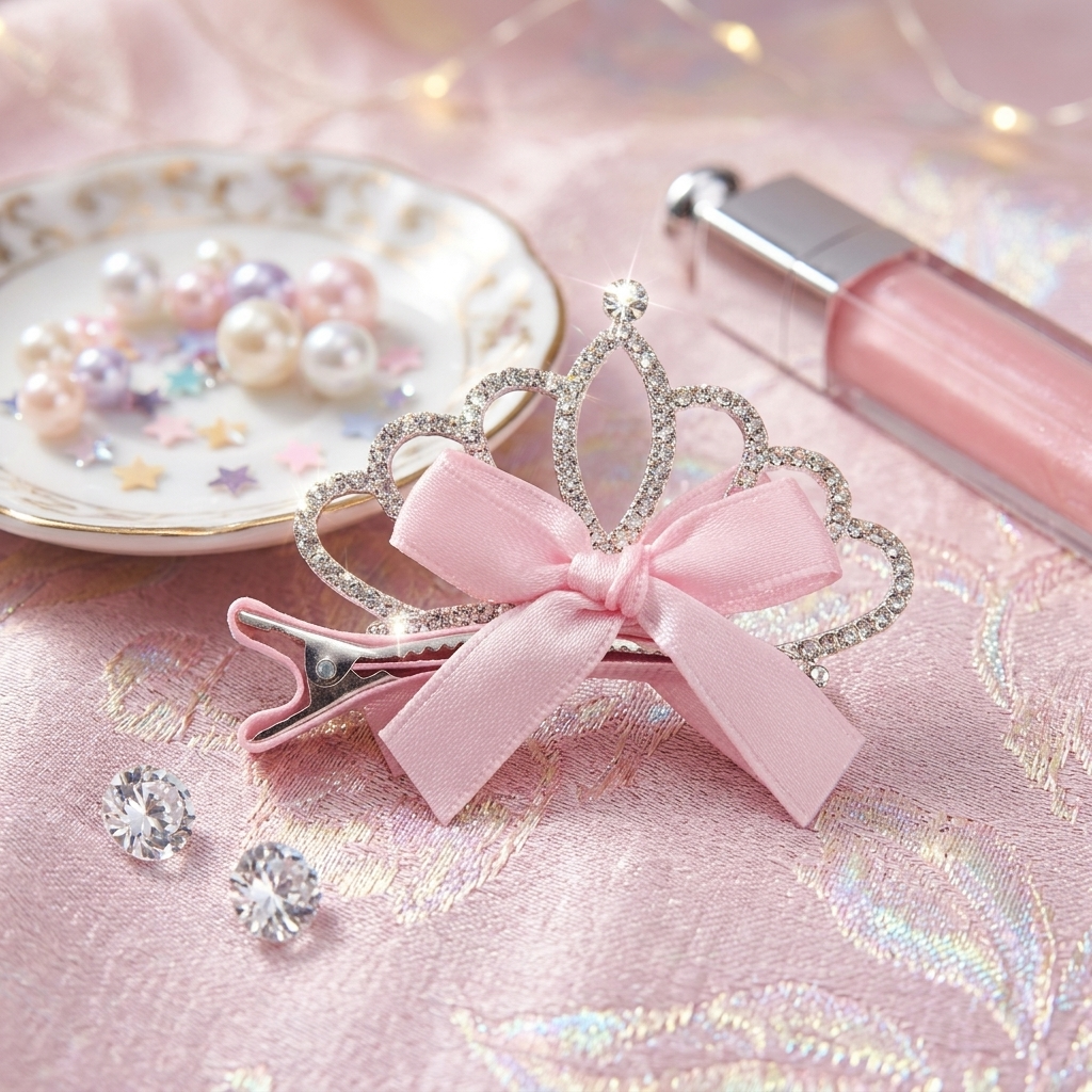 Pink Princess Crown Hair Clip – Rhinestone Tiara Bow Barrette, Satin Accessory