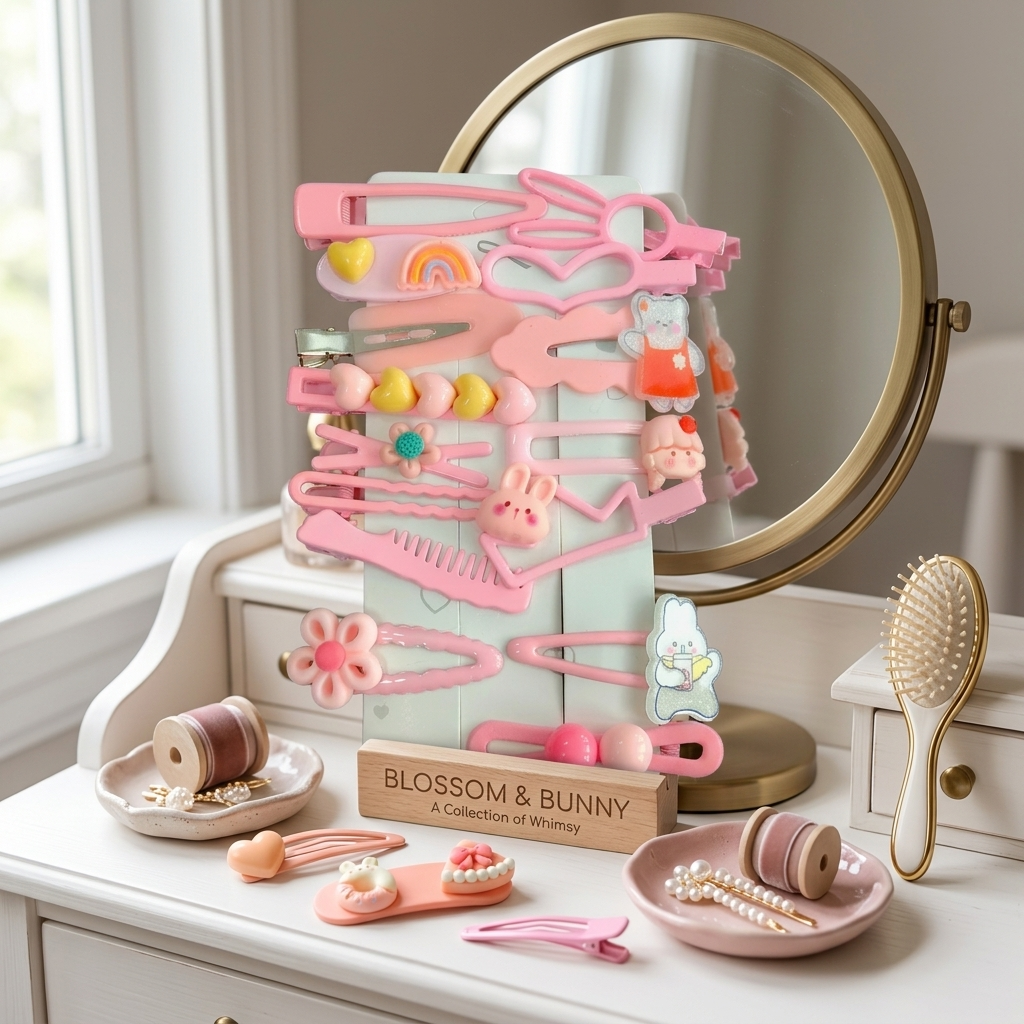 16 PCS Cute Pink Kids Hair Clips Set – Bunny, Bear, Rainbow & Flower Designs