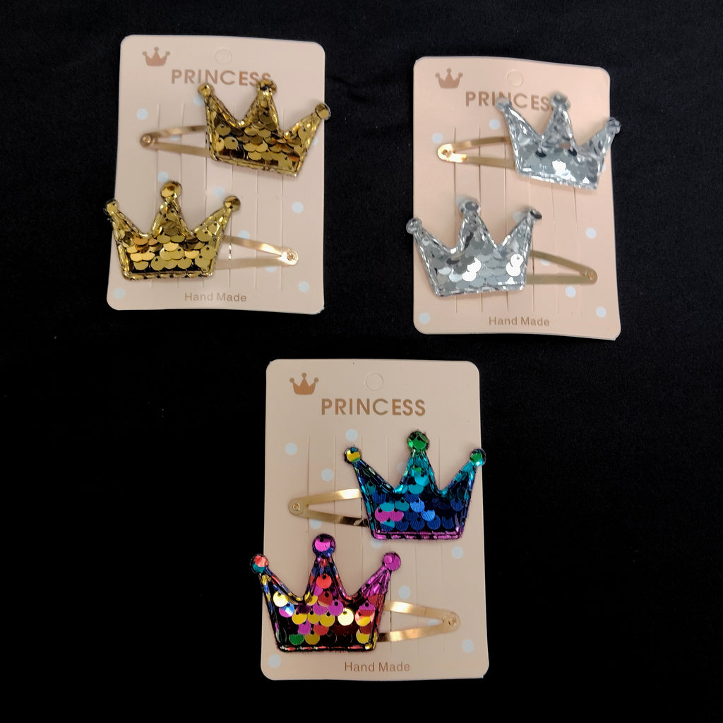 Sequin Crown Hair Clips – Gold, Silver, Rainbow Glitter Princess Snap Accessories