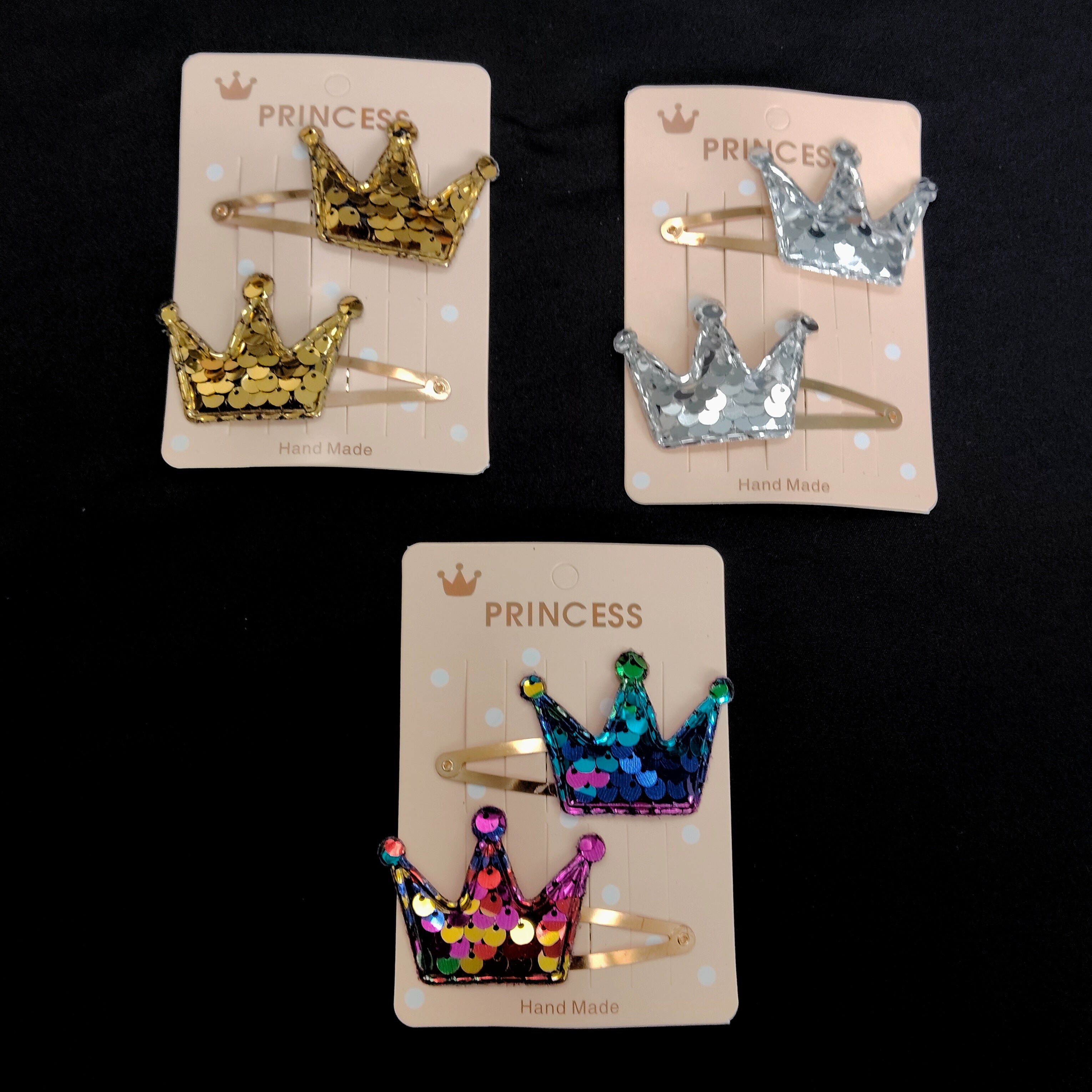 Sequin Crown Hair Clips – Gold, Silver, Rainbow Glitter Princess Snap Accessories