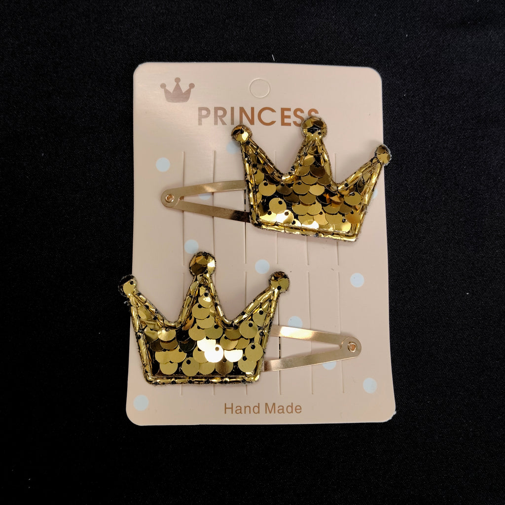 Sequin Crown Hair Clips – Gold, Silver, Rainbow Glitter Princess Snap Accessories