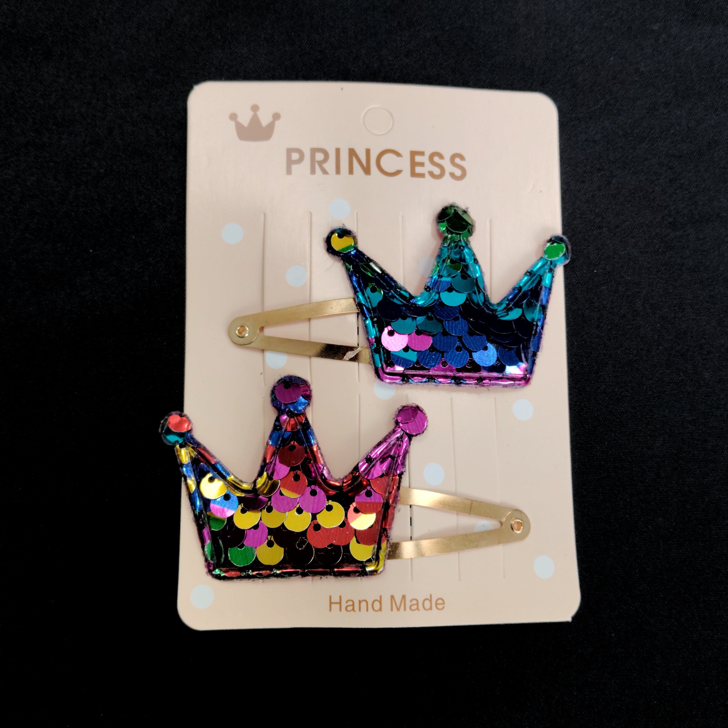 Sequin Crown Hair Clips – Gold, Silver, Rainbow Glitter Princess Snap Accessories
