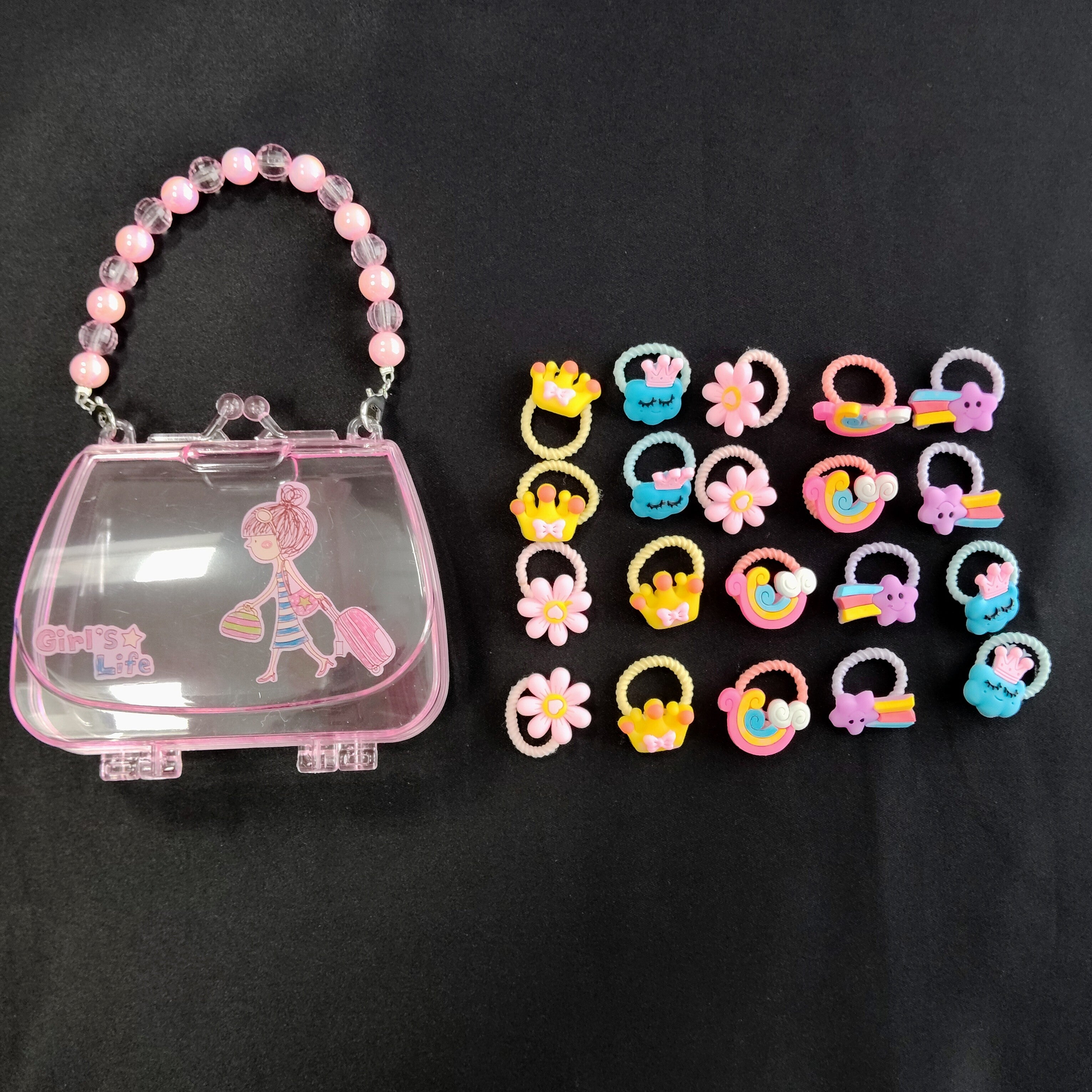 Kids Hair Accessories Set Transparent Handbag – Colorful Ties Kit Girls, Portable Mini Purse Organizer