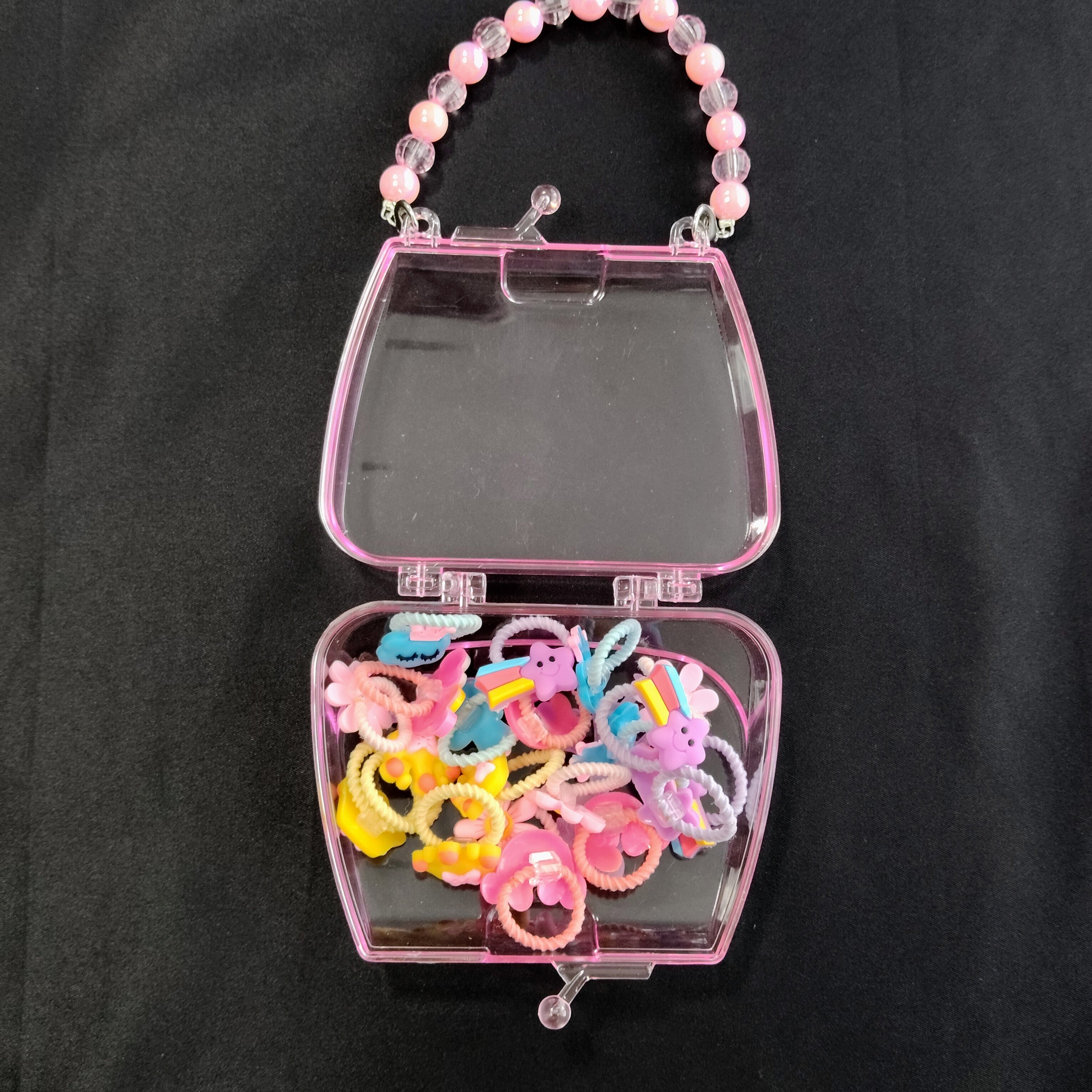Kids Hair Accessories Set Transparent Handbag – Colorful Ties Kit Girls, Portable Mini Purse Organizer